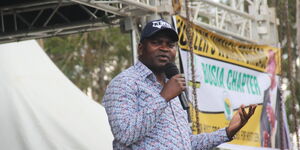 Former Sports CS Rashid Echesa speaks at the Busia County Kenya Kwanza Alliance delegates' caucus on Tuesday, March 29, 2022