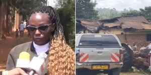 Rebecca Wambui who survived a fire tragedy (left) and the scene of arson.