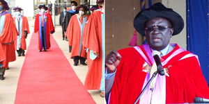 Photo collage between a red carpet during a graduation ceremony at the University of Nairobi and the late former Education CS George Magoha