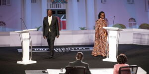 UDA Presidential running mate Rigathi Gachagua and Azimio La Umoja Presidential running mate Martha Karua on Tuesday, July 19, during a debate at CUEA.