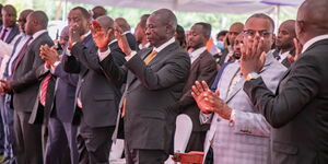 DP Rigathi Gachagua (centre) at the burial of the Late Mathira MP Hon. Matu Wamae in Giakaibei, Mathira East on Thursday, December 22, 2022. 