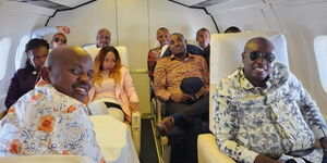 Deputy President Rigathi Gachagua on the Kenya Airforce accompanied by top education officials and Kenya Kwanza leaders on September 23, 2022