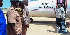 Deputy President Rigathi Gachagua alighting from the Kenya Airforce in Kisumu International Airport on September 23, 2022