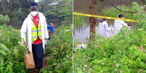 Detectives at the Kiambaa Dam where a head suspected to belong to Rita Waeni was found on January 21, 2024.