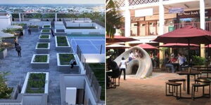 Photo collage between an artistic representation of a roof terrace and Adams Arcade shopping center in Nairobi