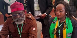 Roots Party leader George Wajackoyah (left) and his running mate Justina Wamae.