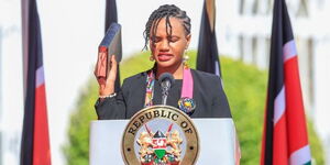 Diaspora Affairs PS Roseline Njogu being sworn in to office on December 2, 2022.