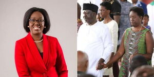 A collage image of Rosemary Odinga posing for a photo (left) and Raila Odinga helping her walk during a past event (right).