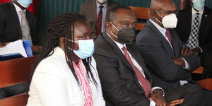 Former PS Susan Koech (left), former Treasury Cabinet Secretary Henry Rotich (centre) and former Treasury Principal Secretary Kamau Thugge at the Milimani anti-corruption court on January 12, 2021.