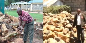 A collage image of parents at Rurigi Secondary school in Uasin Gishu County delivering firewood and building rocks at the school.