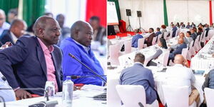 A collage photo of President William Ruto and Deputy President Rigathi Gachagua together with Cabinet Secretaries and senior government officials at a retreat in Laikipia county on January 5, 2022.