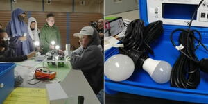 A collage image of students from the Hopkins West Junior High, Minnesota testing the 'We Share Solar' system (LEFT) and the 'We Share Solar' suitcase (RIGHT)