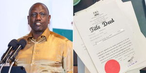 A photo collage of President William Ruto addressing a delegation in Mombasa County on January 30, 2023 (left) and a sample of title deeds on a table (right).