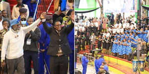 A collage image of George Wajackoyah and David Mwaure (left) and choir singing at Bomas (right).