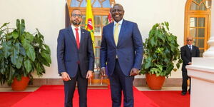 President William Ruto (right) posing for a photo with outgoing Sahrawi Arab Democratic Republic Ambassador to Kenya Bah El Mad at State House on Thursday, October 13, 2022