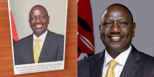 A collage image of President William Ruto's portrait on a wall (left) and an official presidential portrait released by the government (right).