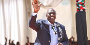 William Ruto waves to the crowd during Interdenominational Church Service at Ole Ntimama Stadium, Narok County on Sunday, January 29, 2023.