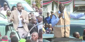 A photo collage of Kisii Governor Simba Arati (left) and President William Ruto speaking at a rally on March 24, 2023 (right).