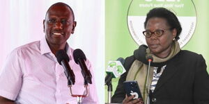 A photo collage of President William Ruto speaking in Lamu on February 26, 2023 (left) and suspended IEBC Commissioner Irene Masit.