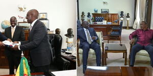 A collage photo of President William Ruto and Deputy President Rigathi Gachagua at State House on December 12, 2022 (left) and Ruto and former President Uhuru Kenyatta on September 12, 2022.