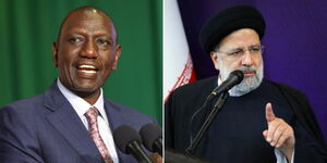 President William Ruto speaking at an event on June 30 (left) and Iranian President Ebrahim Raisi speaking at a conference in May 2023 (right).