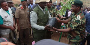 President William Ruto holding a tree during the launch of the Jaza Miti campaign in Kajiado County on December 21, 2022.