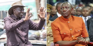 President William Ruto donning a Kaunda suit for a rally in Nyamira County on August 25, 2023 (left) and the Head of State wearing a short-sleeved Kaunda suit for an indoor bank event in Nairobi County on August 18, 2023 (right).  