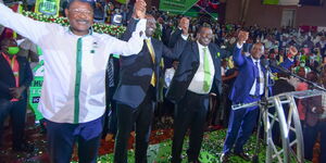 From left: Party leaders Moses Wetangula (Ford-Kenya), William Ruto (UDA), Musalia Mudavadi (ANC) and William Kabogo (Tujibebe Wakenya Party) at the Bomas of Kenya on Sunday, January 23, 2022