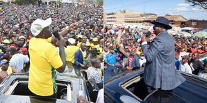 Deputy President William Ruto (left) and ODM leader Raila Odinga (right) at rallies in West Pokot and Kajiado respectively in January 2022