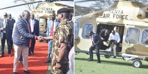 President William Ruto after alighting from military chopper and Kapseret MP Oscar Sudi alighting from Kenya Air Force