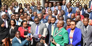 A photo of Ruto-allied lawmakers led by Meru Senator Mithika Linturi during a press briefing at Parliament Buildings on Wednesday, March 11, 2020