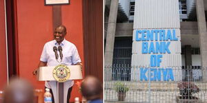 A photo collage of President William Ruto and the Central Bank Headquarters Building in Nairobi, Kenya.