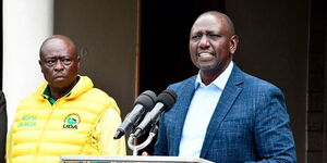 UDA presidential candidate William Ruto (right) with his running mate Rigathi Gachagua during a media briefing on August 4, 2022