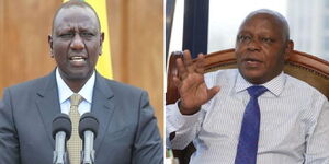 Photo collage between President William Ruto and the late lawyer Paul Gicheru