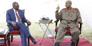 President William Ruto (left) and Ugandan President Yoweri Museveni (right) during a past meeting held at Mubenda State Lodge, Uganda.