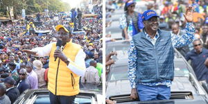 From left, Kenya Kwanza presidential candidate Deputy President Willian Ruto and Azimio La Umoja flag bearer Raila Odinga during campaign rally in Nairobi.