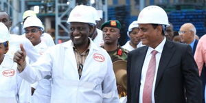 President William Ruto (left) with businessman with Narendra Raval during official opening of DevKi steel plant on November 18, 2022,