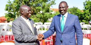 President William Ruto greets his deputy Rigathi Gachagua during the unveiling of the Kenya Kwanza running mate at Karen, Nairobi County on May 15, 2022.