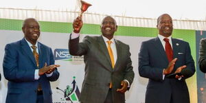 Deputy President Rigathi Gachagua, President William Ruto and Nairobi Stock Exchange- NSE Board Chair Mr Kiprono Kittony on Tuesday October 11, 2022