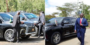 A collage photo of security officials prepping the Lexus LX 570 car on January 10, 2023 (left) and President William Ruto walking past the car in Embakasi, Nairobi county on January 11, 2023 (right).