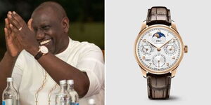 A photo collage of President William Ruto wearing the IWC watch at State House, Nairobi and the IWC watch on display