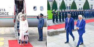 A photo collage of President William Ruto and First Lady Rachel Ruto (left) alighting from the presidential jet and Ruto meeting President of Germany Dr Frank-Walter Steinmeier (right).