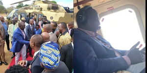 Photo collage of President William Ruto after alighting from a military chopper and while on board