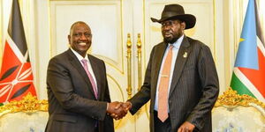 President William Ruto and President Salva Kiir shaking hands in Juba, South Sudan on December 3, 2022.