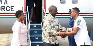 Deputy President William Ruto is received in Mombasa by Nyali MP Mohammed Ali after flying in a Kenya Airforce jet in the past