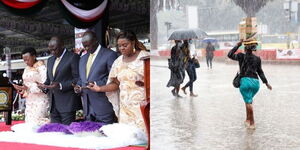A photo collage of the First and Second Families praying (left) and Kenyans walking in the rain (right).