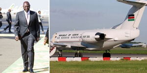A collage of President William Ruto arriving at Addis Ababa, Ethiopia on February 17, 2023, and an image of the Fokker 70, the presidential jet. 