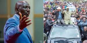 President William Ruto speaking during the Pan-African Parliament Summit on Climate Policy and Equity in South Africa on May 17, 2023 (left) and former Prime Minister leading Saba Saba demonstrations on July 7, 2023 (right). 