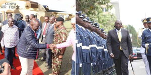 Photo collage of President William Ruto greeting other leaders and while inspecting a guard of honor