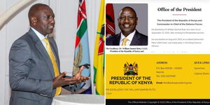 A collage image of President William Ruto (left) and a screengrab of the presidential website (right)